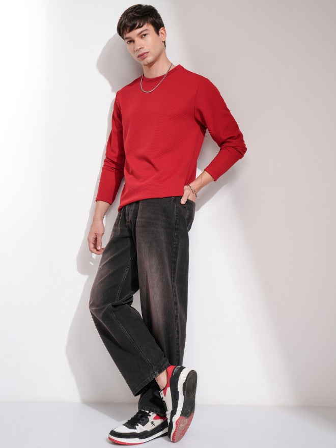 Highlander Men Maroon Self Design Round Neck Relaxed Fit T-Shirt - Maroon - Image 2