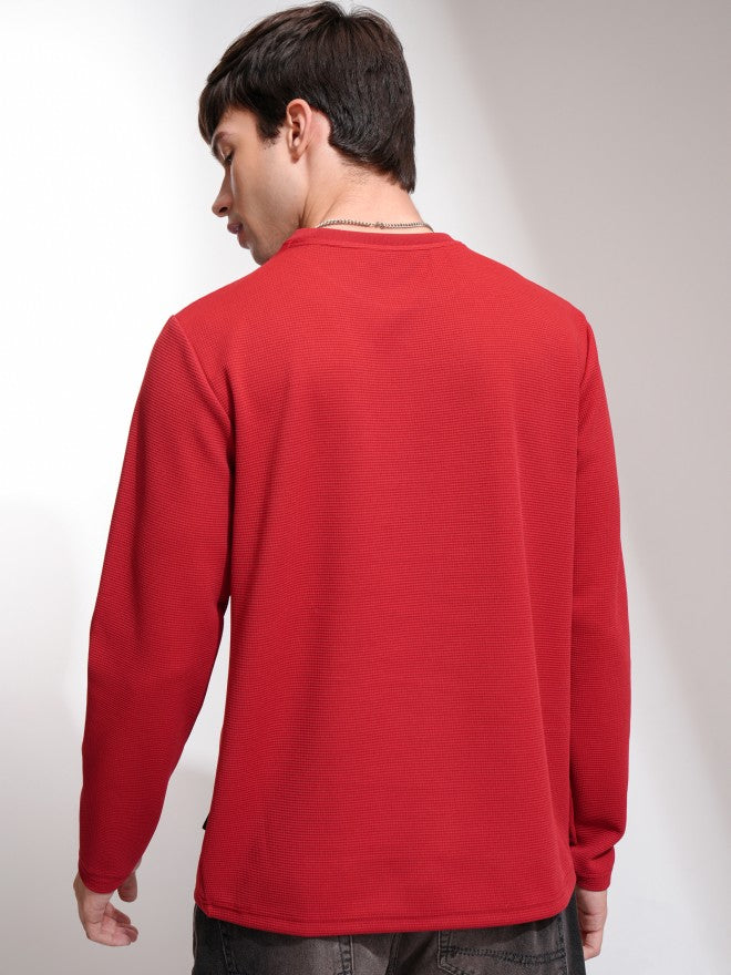 Highlander Men Maroon Self Design Round Neck Relaxed Fit T-Shirt - Maroon - Image 3