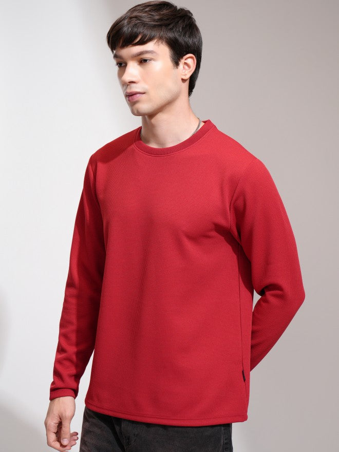 Highlander Men Maroon Self Design Round Neck Relaxed Fit T-Shirt - Maroon - Image 4