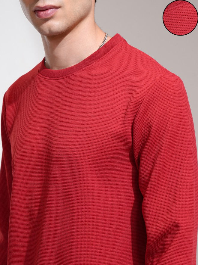 Highlander Men Maroon Self Design Round Neck Relaxed Fit T-Shirt - Maroon - Image 5