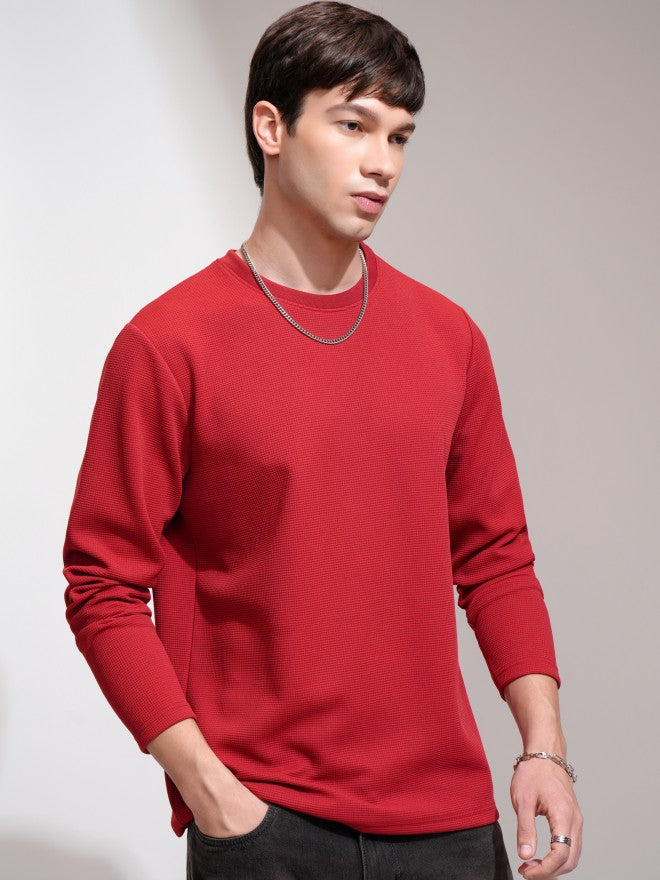 Highlander Men Maroon Self Design Round Neck Relaxed Fit T-Shirt - Maroon - Image 6