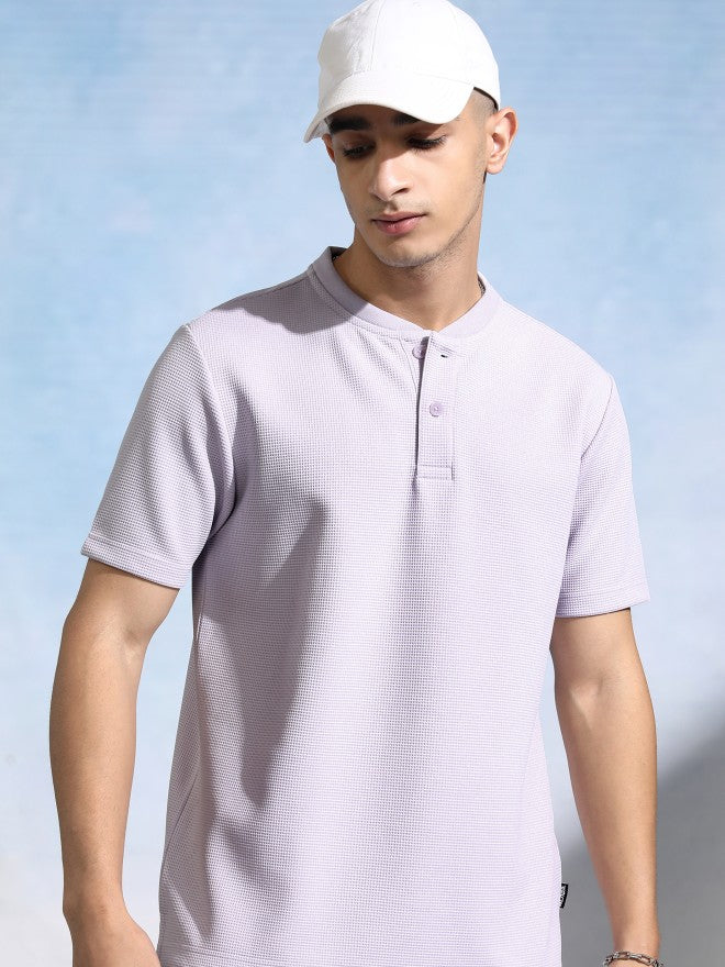 Highlander Men Mauve Henley Neck Self Design Relaxed Fit T-Shirt - Mauve - Image 1