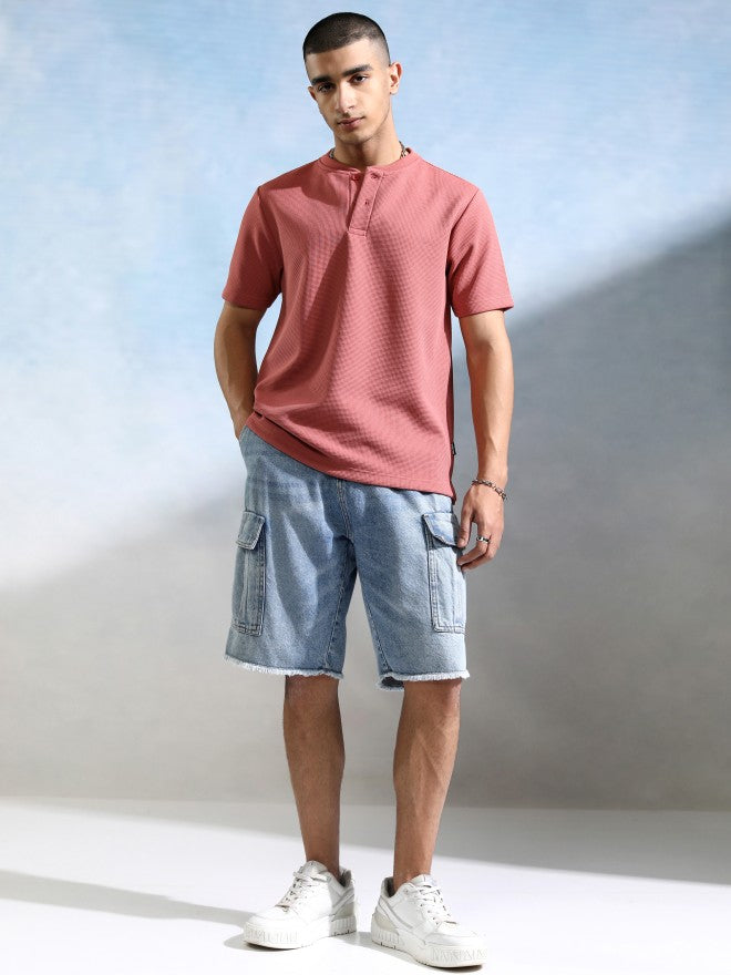 Highlander Men Peach Self Design Henley Neck T-Shirt - Peach - Image 2
