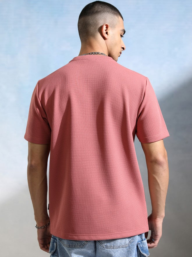 Highlander Men Peach Self Design Henley Neck T-Shirt - Peach - Image 3
