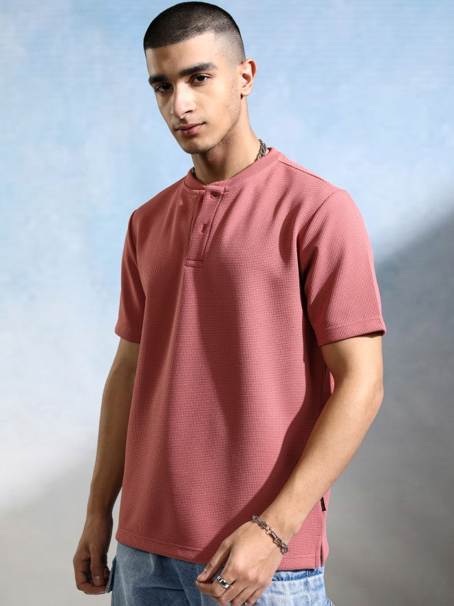 Highlander Men Peach Self Design Henley Neck T-Shirt - Peach - Image 4