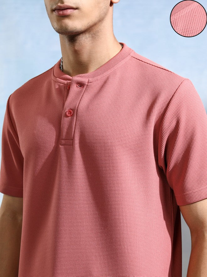 Highlander Men Peach Self Design Henley Neck T-Shirt - Peach - Image 5