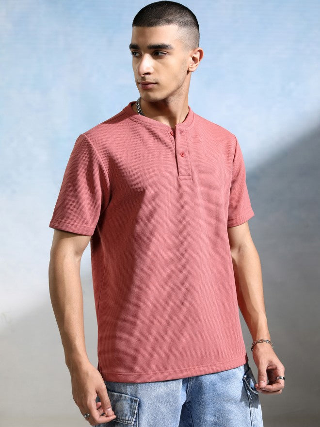 Highlander Men Peach Self Design Henley Neck T-Shirt - Peach - Image 6