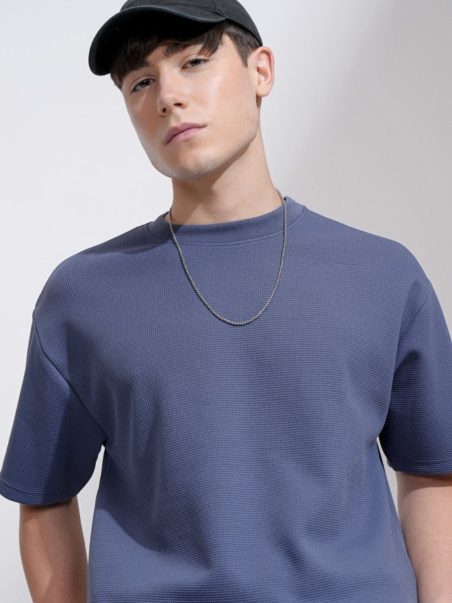 Highlander Men Blue Textured Round Neck Relaxed Fit T-Shirt - Blue - Image 1