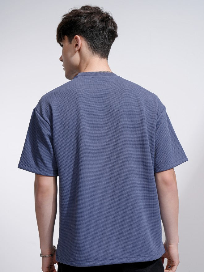 Highlander Men Blue Textured Round Neck Relaxed Fit T-Shirt - Blue - Image 3