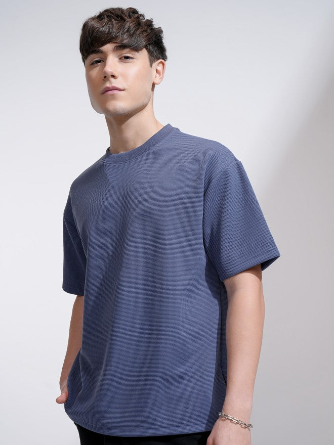 Highlander Men Blue Textured Round Neck Relaxed Fit T-Shirt - Blue - Image 4