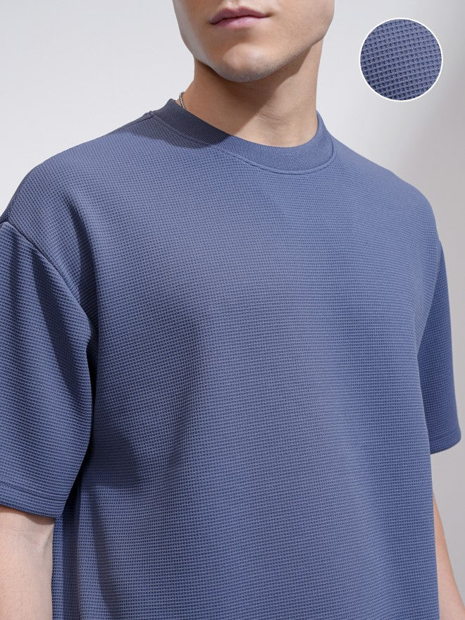 Highlander Men Blue Textured Round Neck Relaxed Fit T-Shirt - Blue - Image 5