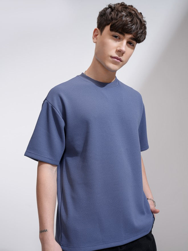 Highlander Men Blue Textured Round Neck Relaxed Fit T-Shirt - Blue - Image 6