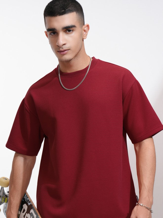 Highlander Men Maroon Self Design Round Neck Relaxed Fit T-Shirt - Maroon - Image 1