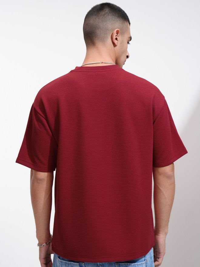 Highlander Men Maroon Self Design Round Neck Relaxed Fit T-Shirt - Maroon - Image 3