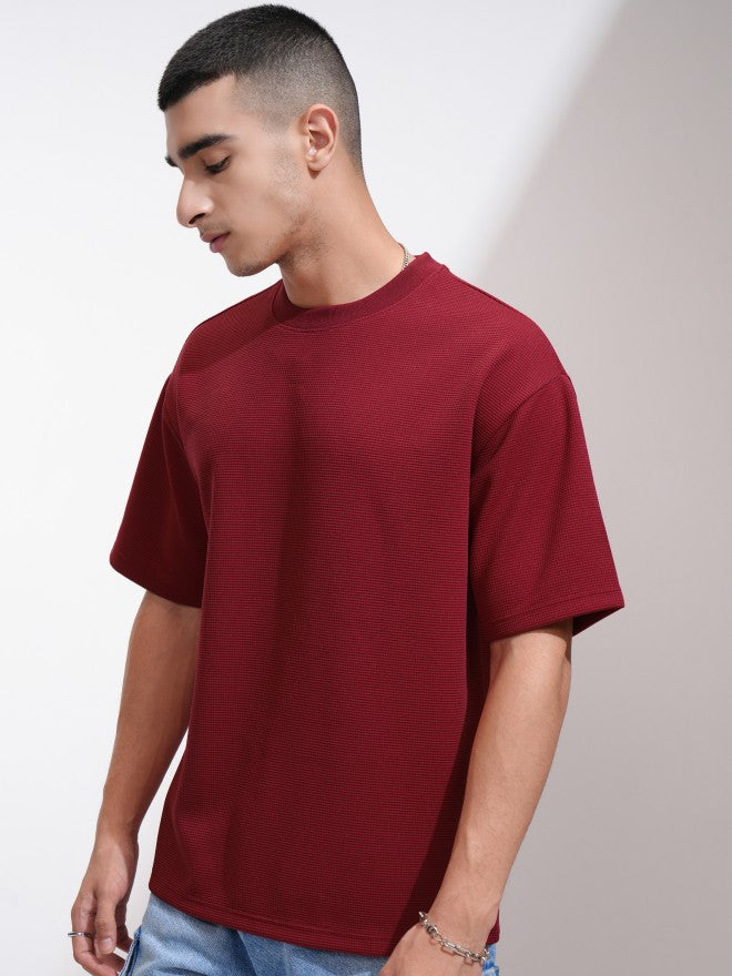 Highlander Men Maroon Self Design Round Neck Relaxed Fit T-Shirt - Maroon - Image 4