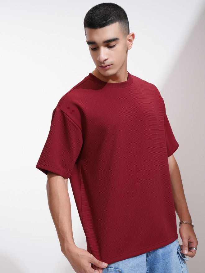 Highlander Men Maroon Self Design Round Neck Relaxed Fit T-Shirt - Maroon - Image 6