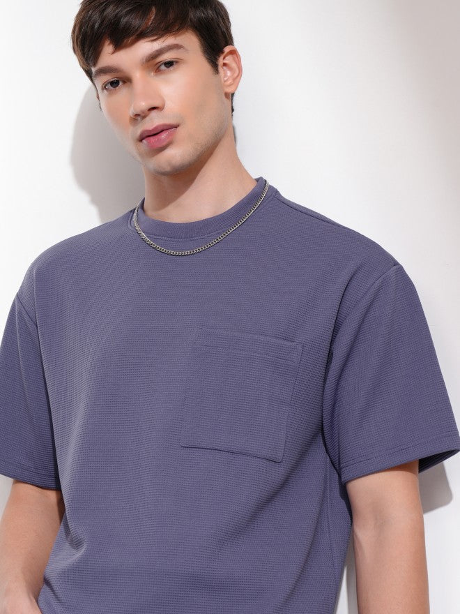 Highlander Men Purple Self Design Round Neck Relaxed Fit T-Shirt - Purple - Image 1