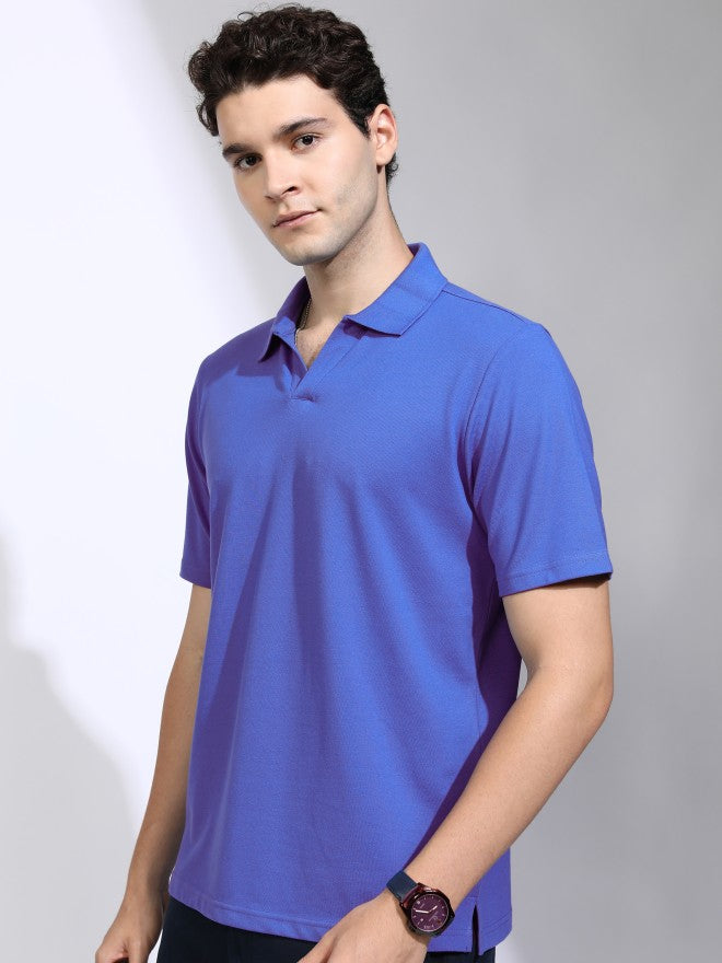 Highlander Men Blue Solid Polo Collar T-Shirt - Blue - Image 4
