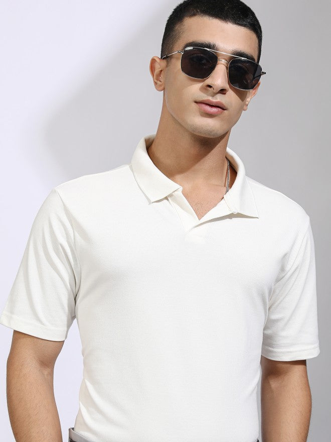 Highlander Men Off White Solid Polo Collar T-Shirt - Off White - Image 1