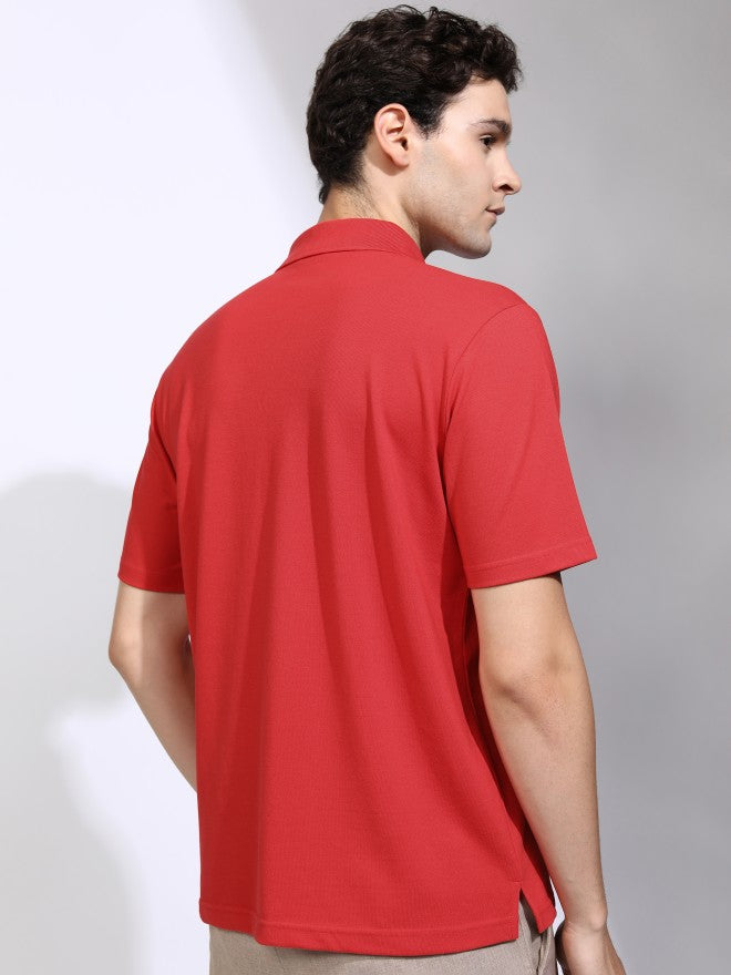 Highlander Men Red Solid Polo Collar T-Shirt - Red - Image 3
