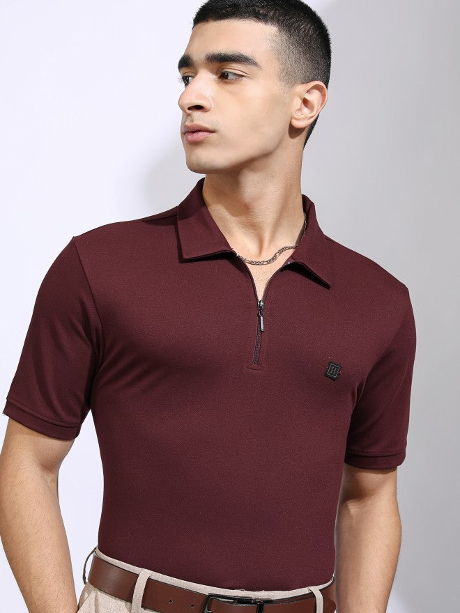 Highlander Men Maroon Solid Polo Collar T-Shirt - Maroon - Image 1