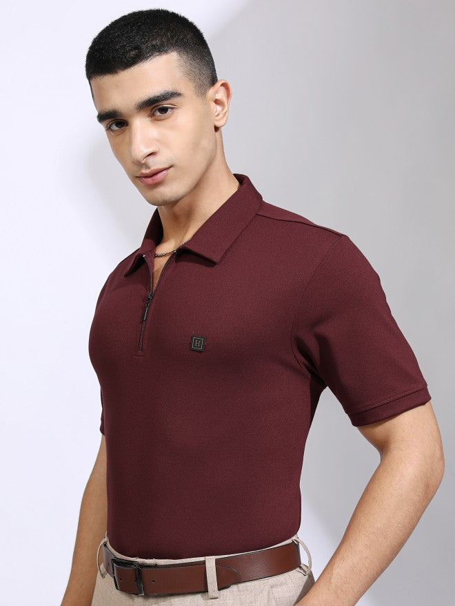 Highlander Men Maroon Solid Polo Collar T-Shirt - Maroon - Image 4