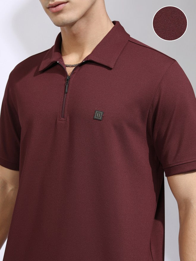 Highlander Men Maroon Solid Polo Collar T-Shirt - Maroon - Image 5