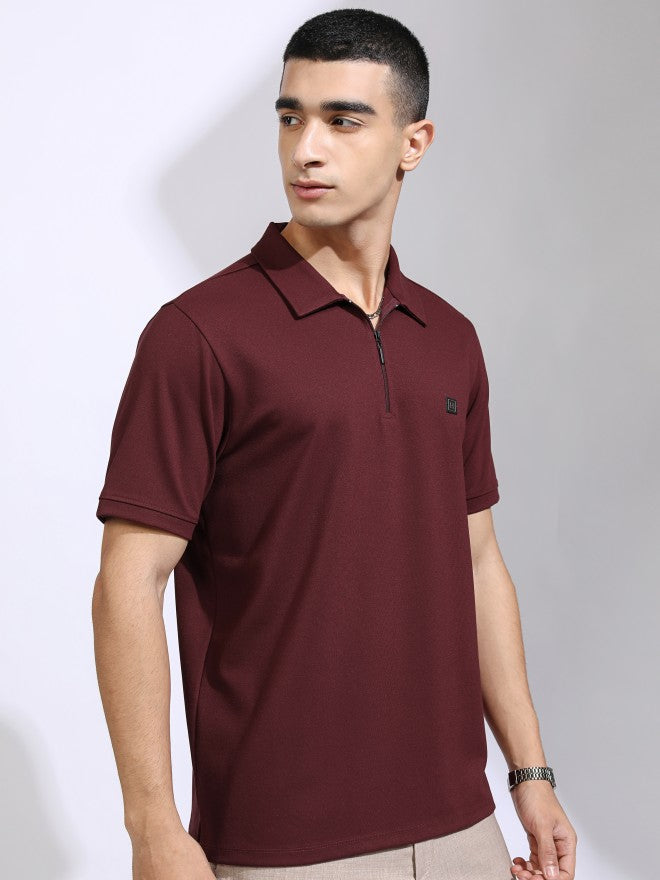 Highlander Men Maroon Solid Polo Collar T-Shirt - Maroon - Image 6