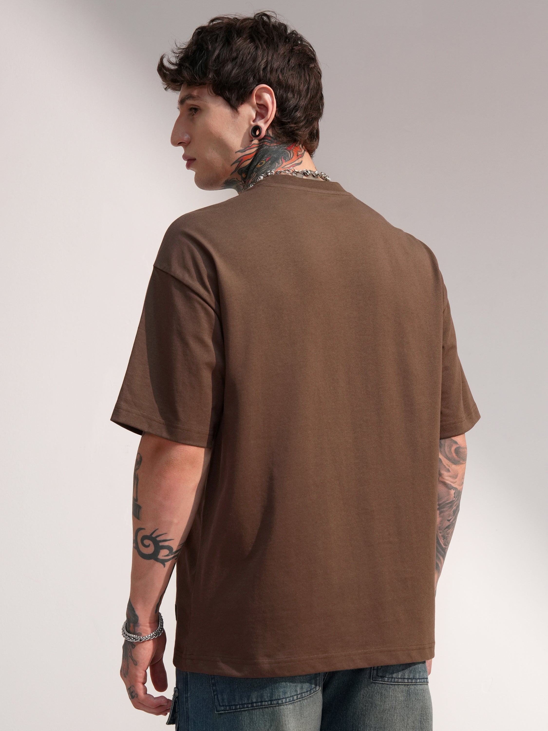 Highlander Men Brown Printed Round Neck Oversized Fit T-Shirt - Brown - Image 3