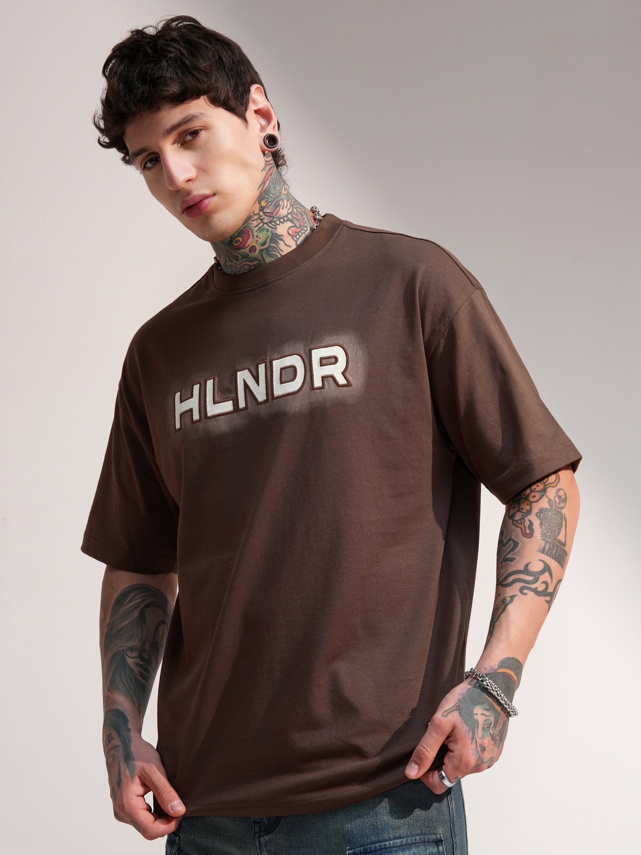 Highlander Men Brown Printed Round Neck Oversized Fit T-Shirt - Brown - Image 4