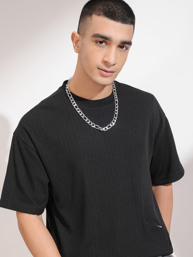 Highlander Men Black Self Design Round Neck Oversized Fit T-Shirt - Black - Image 1