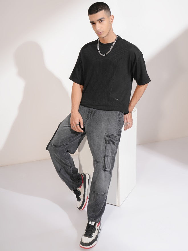 Highlander Men Black Self Design Round Neck Oversized Fit T-Shirt - Black - Image 2