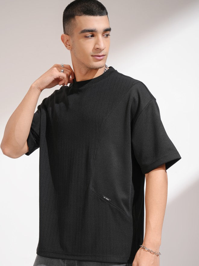 Highlander Men Black Self Design Round Neck Oversized Fit T-Shirt - Black - Image 4