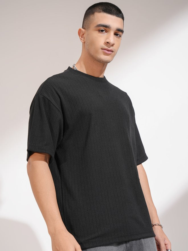 Highlander Men Black Self Design Round Neck Oversized Fit T-Shirt - Black - Image 6