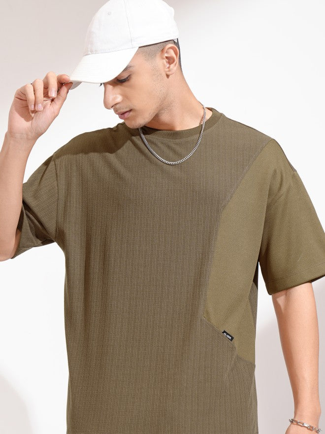 Highlander Men Olive Self Design Round Neck Oversized Fit T-Shirt - Olive - Image 1