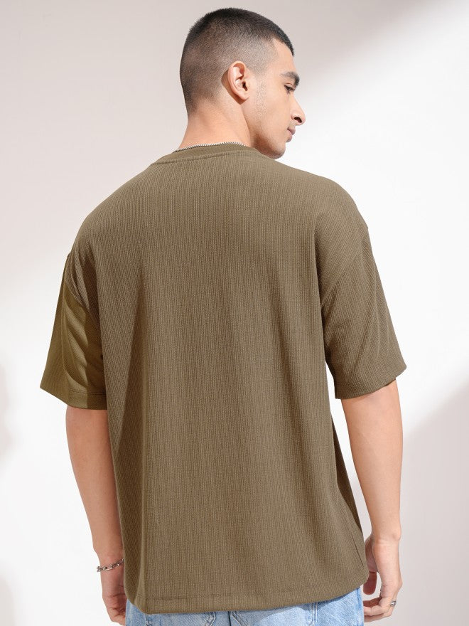 Highlander Men Olive Self Design Round Neck Oversized Fit T-Shirt - Olive - Image 3