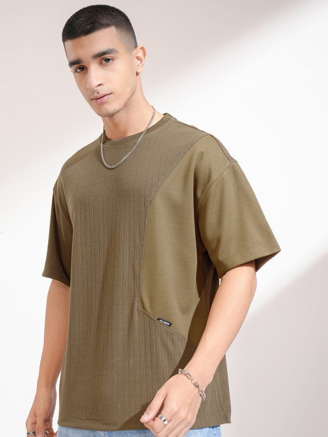 Highlander Men Olive Self Design Round Neck Oversized Fit T-Shirt - Olive - Image 4