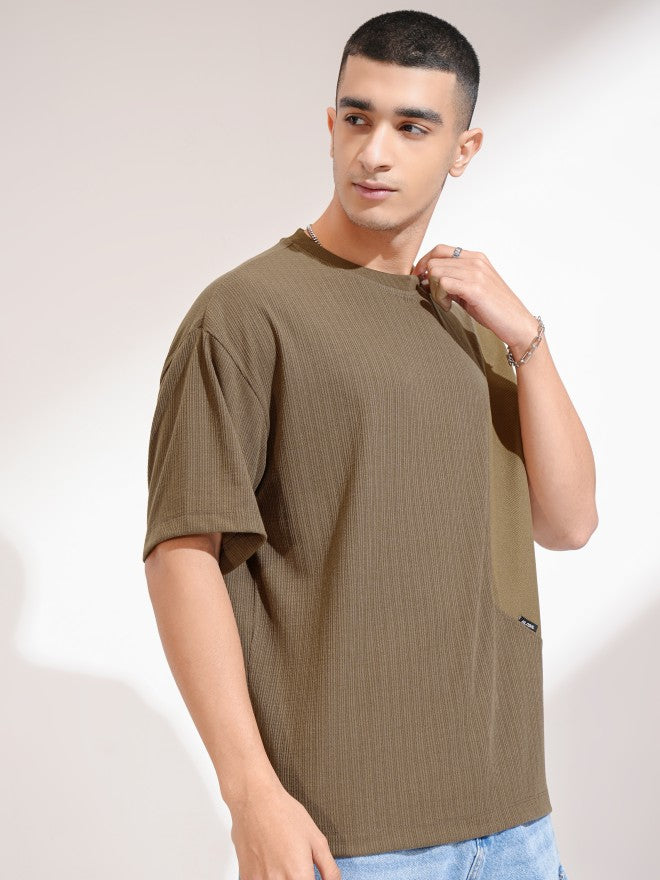 Highlander Men Olive Self Design Round Neck Oversized Fit T-Shirt - Olive - Image 6