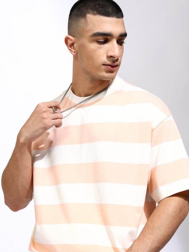 Highlander Men Off White Striped Oversized Fit T-Shirt - Off White - Image 1