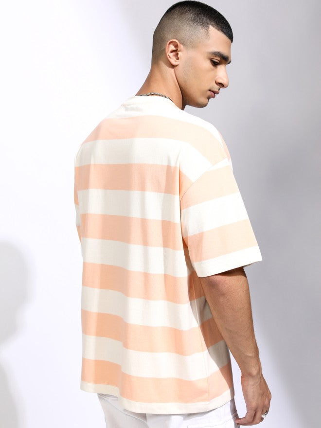 Highlander Men Off White Striped Oversized Fit T-Shirt - Off White - Image 3