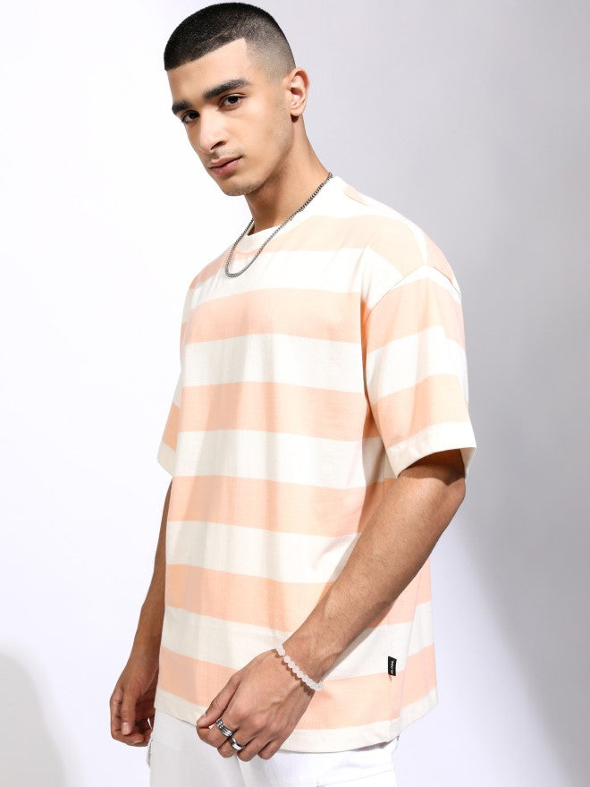 Highlander Men Off White Striped Oversized Fit T-Shirt - Off White - Image 4