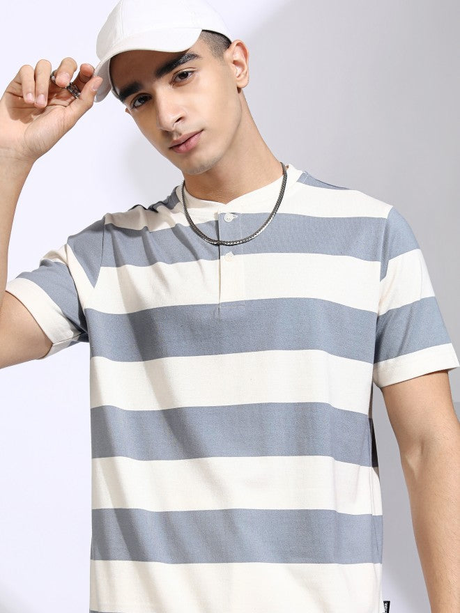 Highlander Men Off White Striped Relaxed Fit T-Shirt - Off White - Image 1