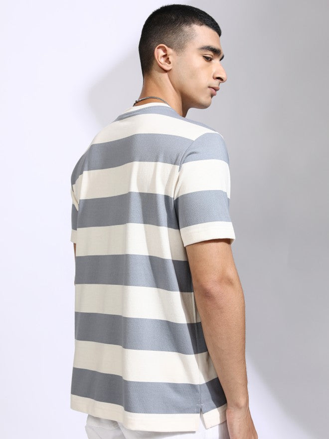 Highlander Men Off White Striped Relaxed Fit T-Shirt - Off White - Image 3