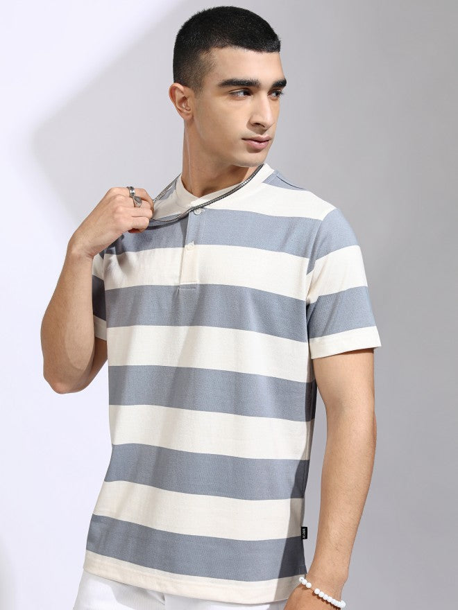 Highlander Men Off White Striped Relaxed Fit T-Shirt - Off White - Image 4