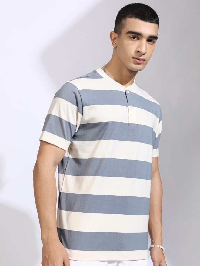 Highlander Men Off White Striped Relaxed Fit T-Shirt - Off White - Image 6