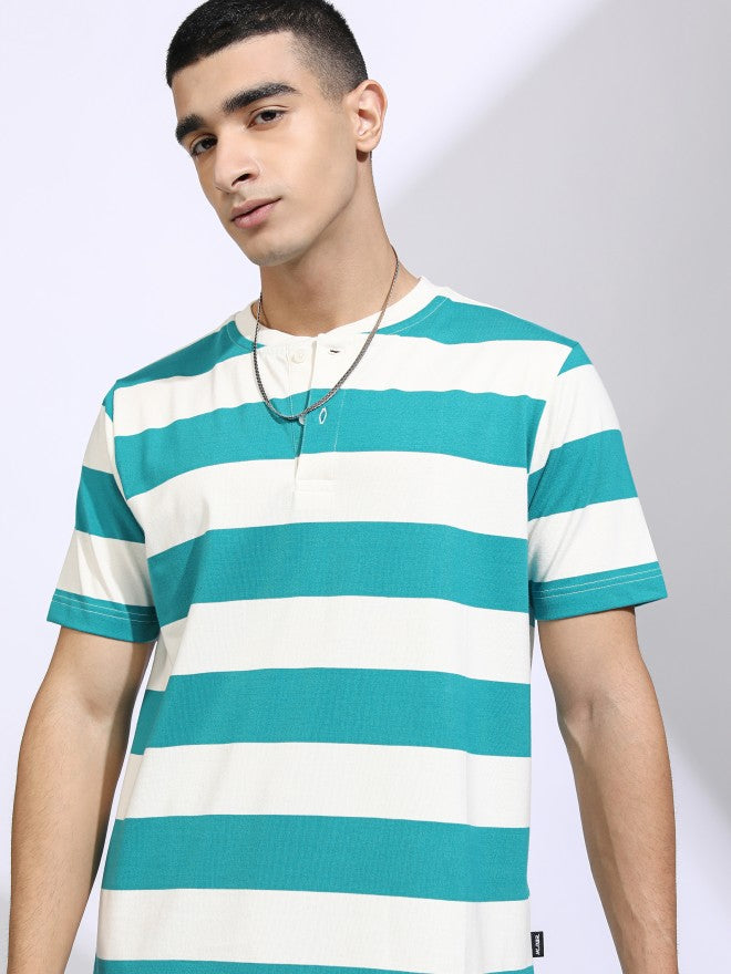 Highlander Men Off White Striped Henley Neck T-Shirt - Off White - Image 1