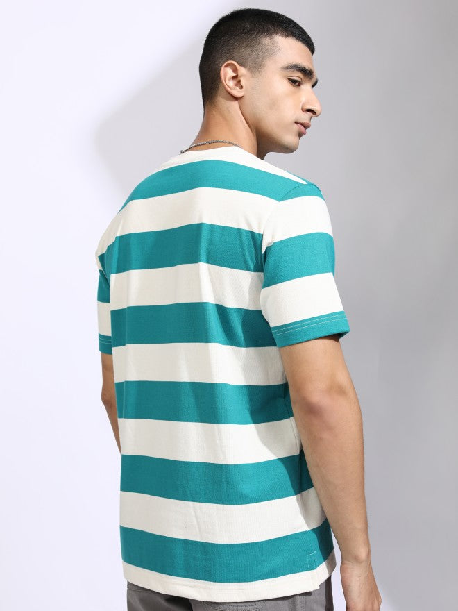 Highlander Men Off White Striped Henley Neck T-Shirt - Off White - Image 3