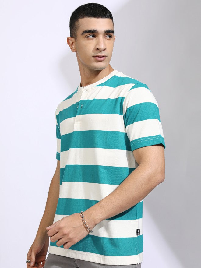 Highlander Men Off White Striped Henley Neck T-Shirt - Off White - Image 4