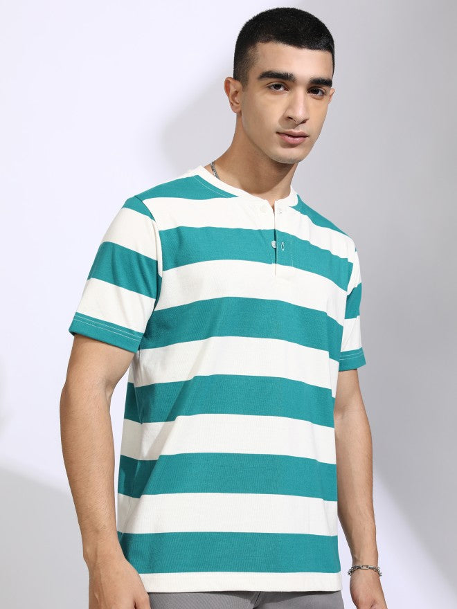 Highlander Men Off White Striped Henley Neck T-Shirt - Off White - Image 6