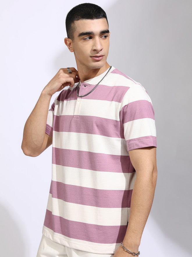 Highlander Men Off White Striped Relaxed Fit T-Shirt - Off White - Image 4